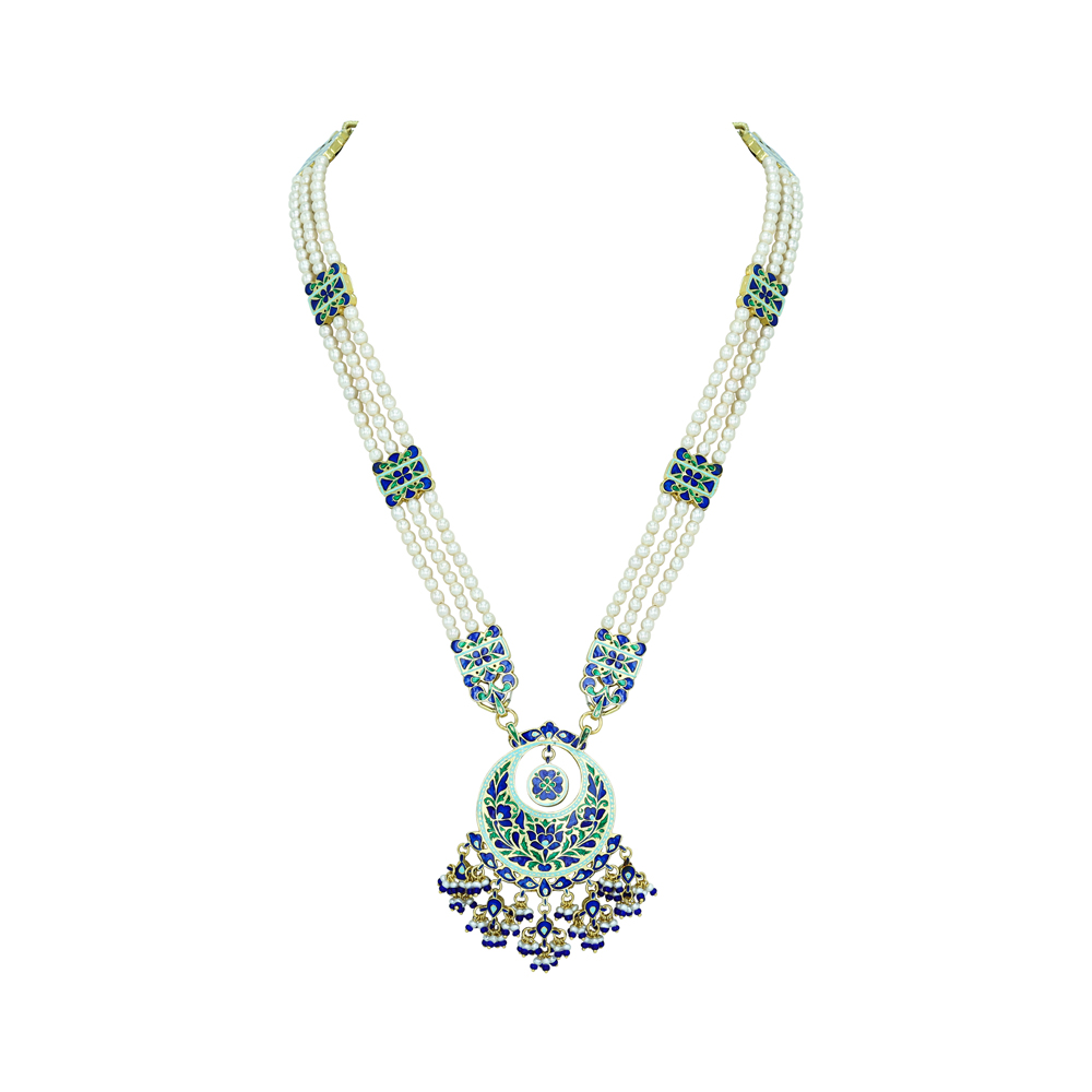 Three-Strand Pearl Necklace with Blue Enamel and Sapphire Accents